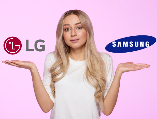 Mulher loira com mãos apontando para as marcas lg e samsung